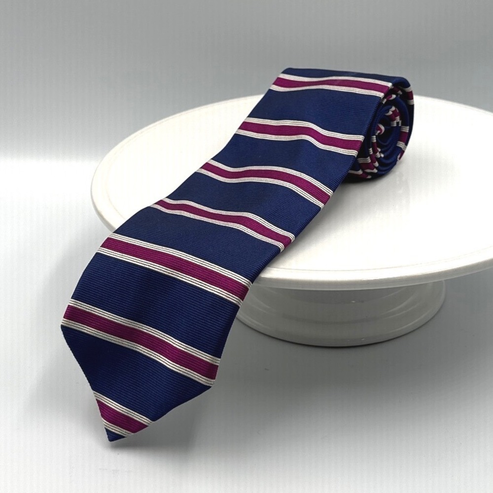 Vintage Brooks Brothers Makers Silk Tie Navy Blue Burgundy White Stripe Handmade